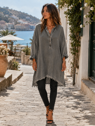 Washed Frayed Hem Tunic Dress