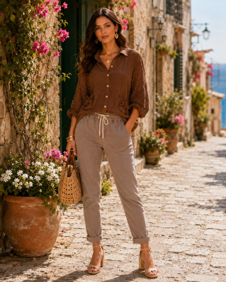 Linen Mesh Sleeve Button Top