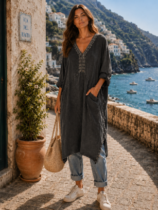 Washed Embroidered Tunic Dress