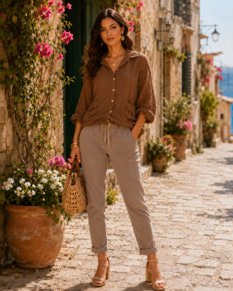 Linen Mesh Sleeve Button Top