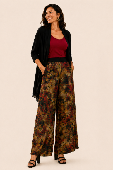 Autumn Bloom Silk Wide-Leg Pants