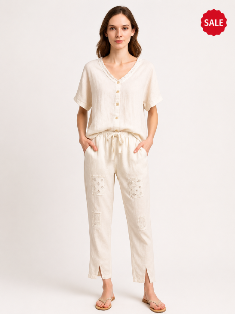 Linen Sequin Square Patch Pants