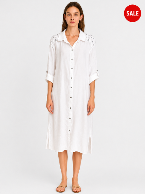 Linen Sequin Button-down Dress