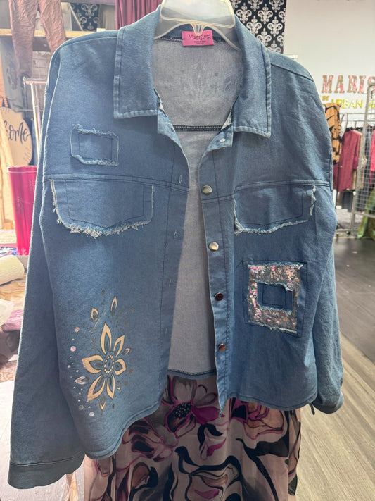 11139-1 Washed Denim Patch Detail Jacket